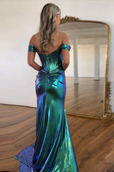 Emerald Green Prom Dress Ruched Corset Metallic Mermaid Formal Dress With Slit